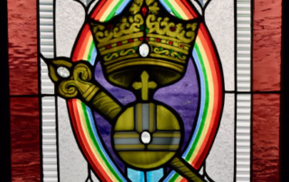 Orb, Scepter, and Crown of Christ, Heavenly King – in a mandorla, with a rainbow.